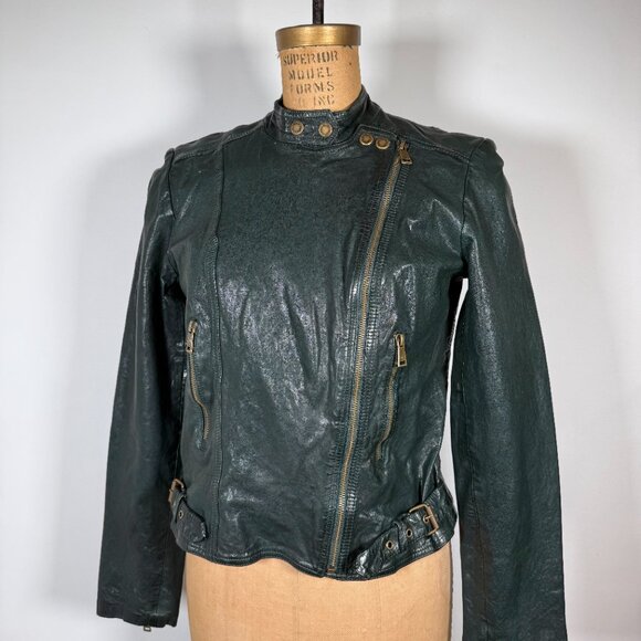 Rare Lauren Ralph Lauren Dark Green Leather Biker Jacket - Picture 1 of 9